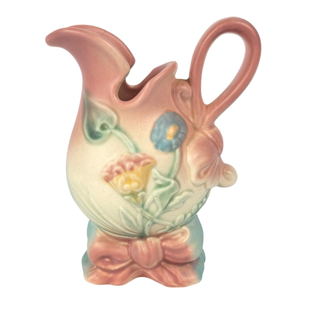 Hull‎ Art USA Pottery Pitcher Vase Flowers Bow Pink Blue Cream 6.25" Cracked